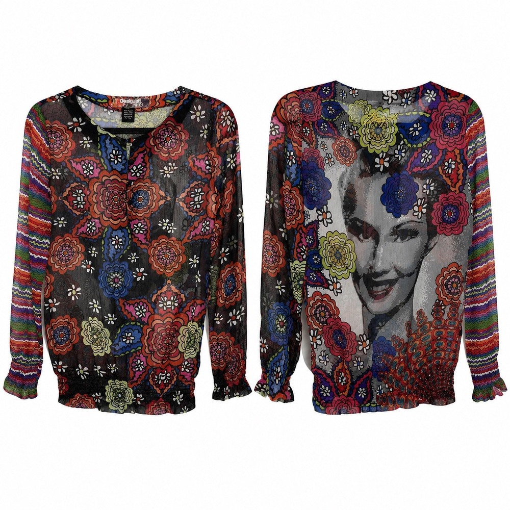 Desigual Blouse Medium Black Floral Sheer Long‎ Sleeve Face Print